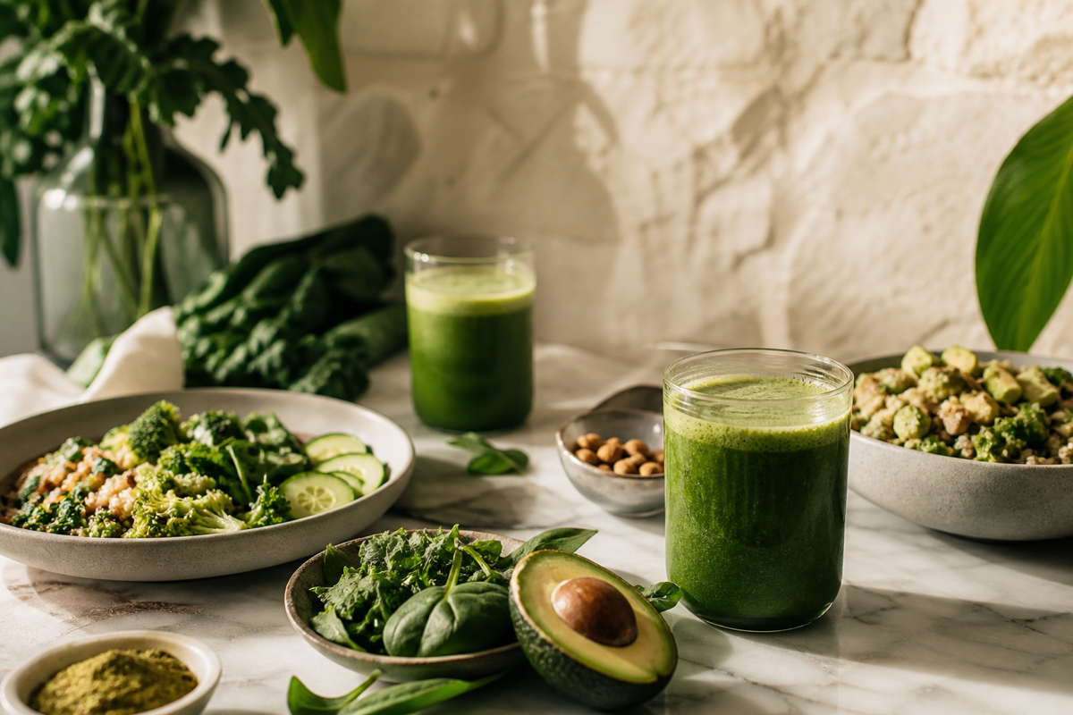 Zumos detox verdes y alimentación saludable premium